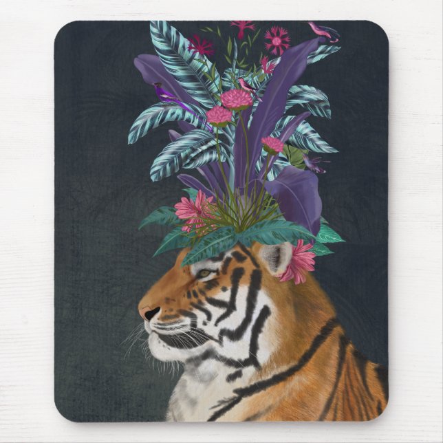 Tiger mit tropischem Headpiece Mousepad (Vorne)