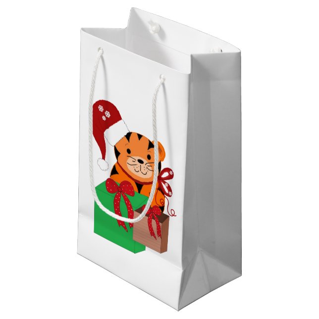 Tiger mit Weihnachtsmannmütze Kleine Geschenktüte (Vorderseite Schrägansicht)