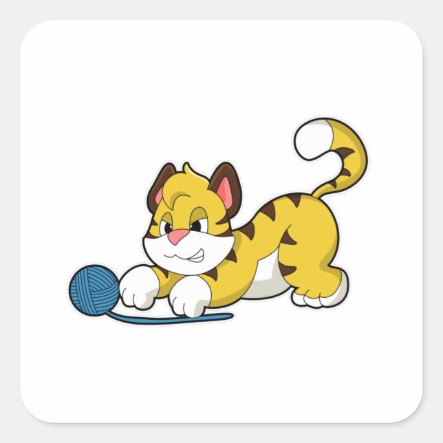 Tiger mit Woll-Garnkugel Quadratischer Aufkleber (Vorderseite)