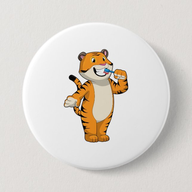 Tiger mit Zahnbürste Button (Vorderseite)