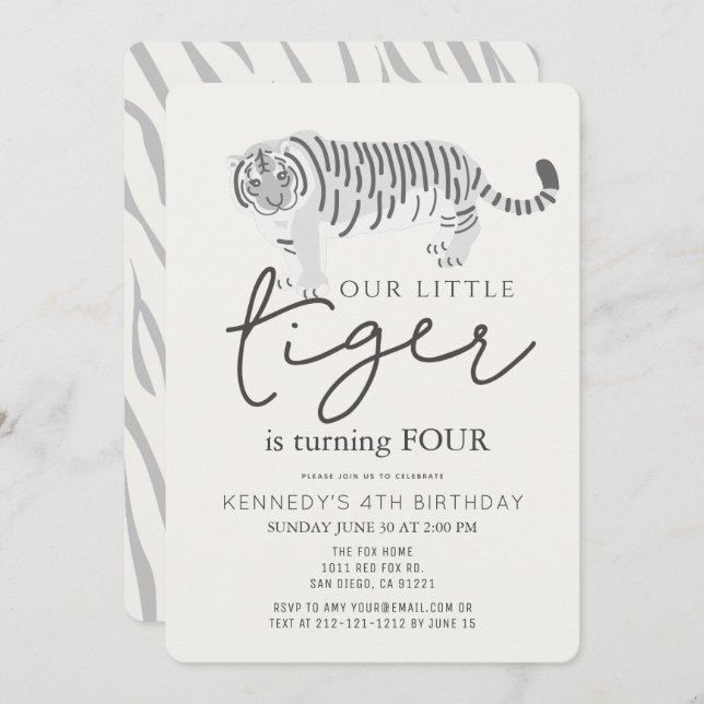 Tiger Modern Cream Kindergeburtstag Einladung (Vorne/Hinten)