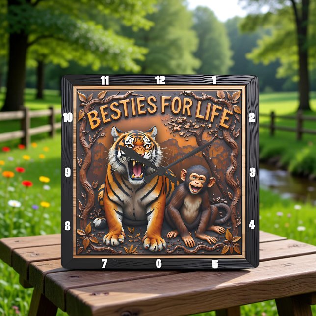 Tiger Monkey Besties Jungle Quadratische Wanduhr (Von Creator hochgeladen)