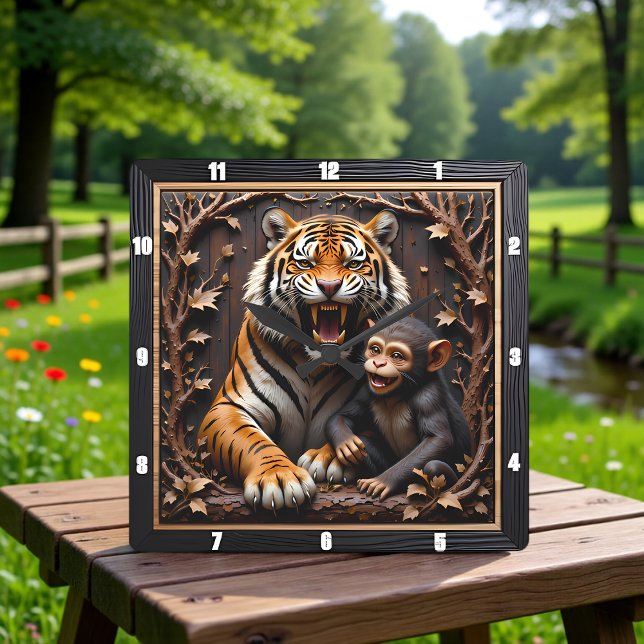 Tiger Monkey Close Up Portrait Quadratische Wanduhr (Von Creator hochgeladen)