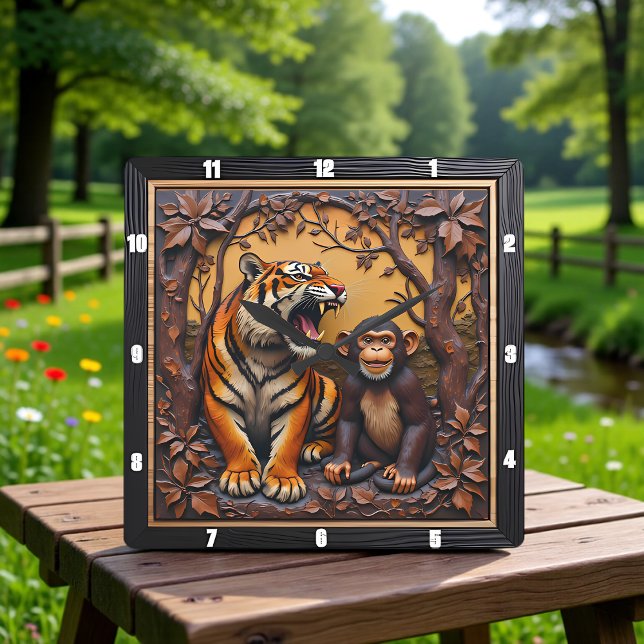 Tiger Monkey Jungle Carved Quadratische Wanduhr (Von Creator hochgeladen)