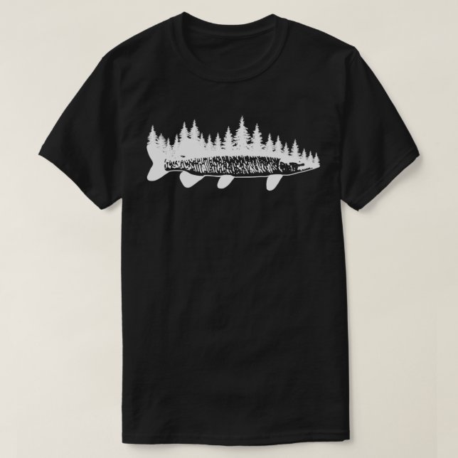 Tiger Musky Pine Forest Treeline Außenfischerei T-Shirt (Design vorne)