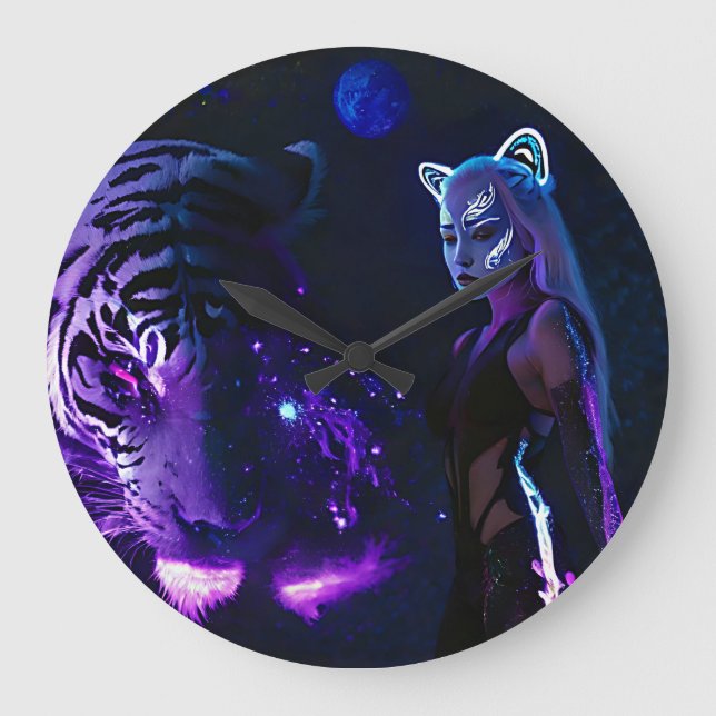 Tiger Night Große Wanduhr (Vorderseite)