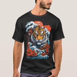 Tiger Ozean 1 Japanischer Stil Schwarz T-Shirt