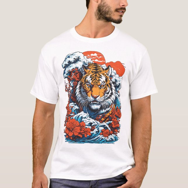 Tiger Ozean 1 Japanischer Stil Weiß T-Shirt (Vorderseite)