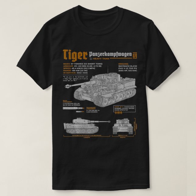 Tiger Panzer PzKpfw VI Weltkrieg 2 Blueprint  T-Shirt (Design vorne)