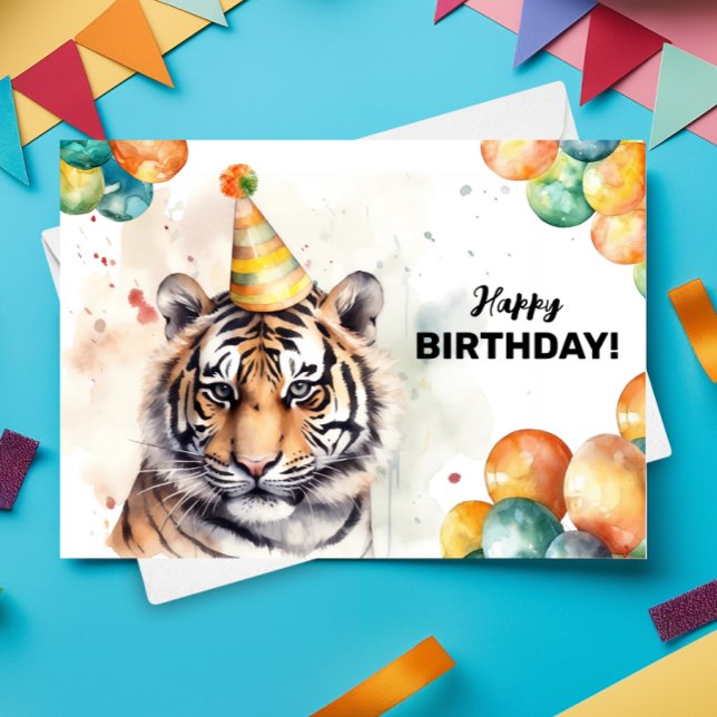 Tiger Party Hat Watercolor Portrait Happy Birthday Karte (Von Creator hochgeladen)