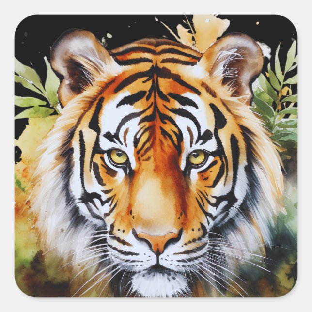 Tiger Pastel Blume Safari Watercolor Savannah Quadratischer Aufkleber (Vorderseite)