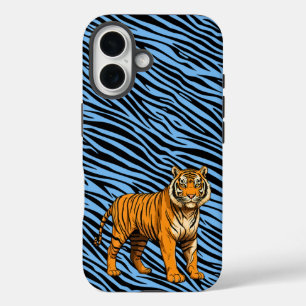 Tiger Pattern in Light Blue with Tiger iPhone 16 Hülle