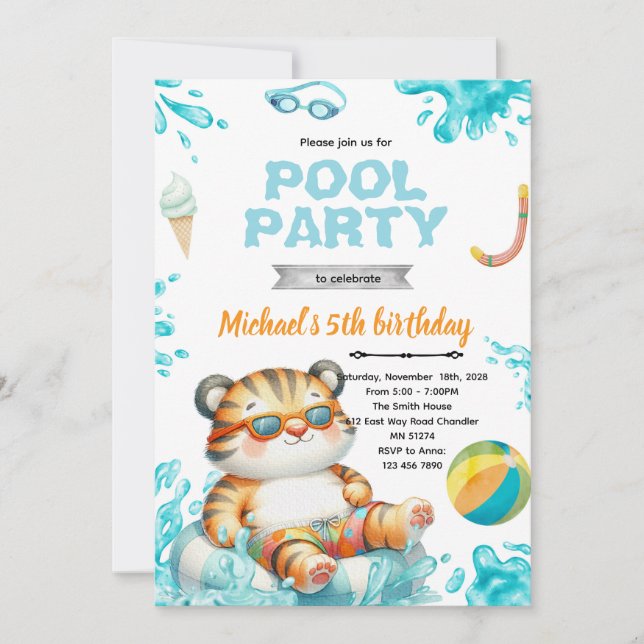 Tiger Pool Party Birthday Invitation Einladung (Vorderseite)