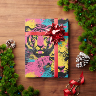 Tiger Pop Art Muster in Rosa, Gelb und Blau Geschenkpapier