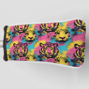 Tiger Pop Art Muster in Rosa, Gelb und Blau Golf Headcover