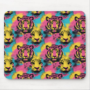 Tiger Pop Art Muster in Rosa, Gelb und Blau Mousepad