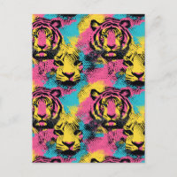Tiger Pop Art Muster in Rosa, Gelb und Blau