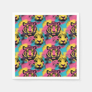 Tiger Pop Art Muster in Rosa, Gelb und Blau Serviette