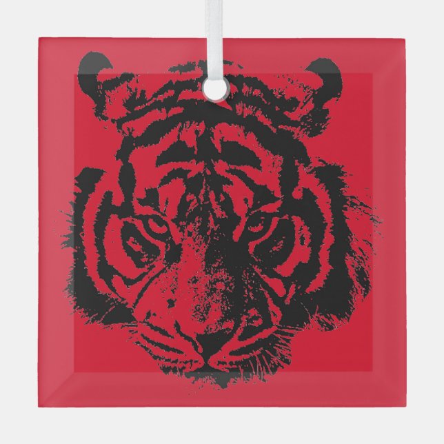 Tiger Pop Art Red Blue Black Ornament Aus Glas (Vorderseite)
