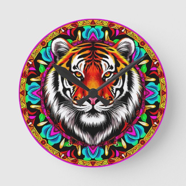 Tiger Portrait mit Mandala Design Runde Wanduhr (Vorderseite)