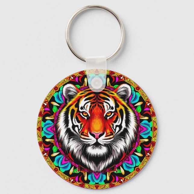 Tiger Portrait mit Mandala Design Schlüsselanhänger (Vorderseite)