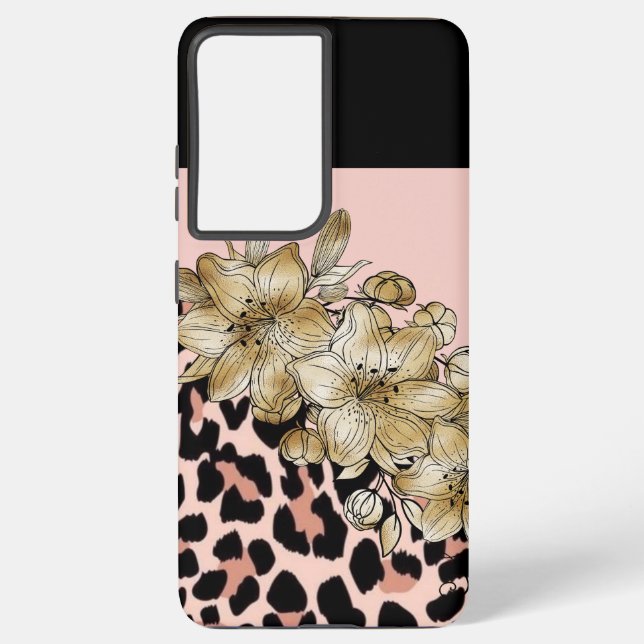 Tiger Print Pink und Black Ivory Blume S21 Fall Samsung Galaxy Hülle (Rückseite)