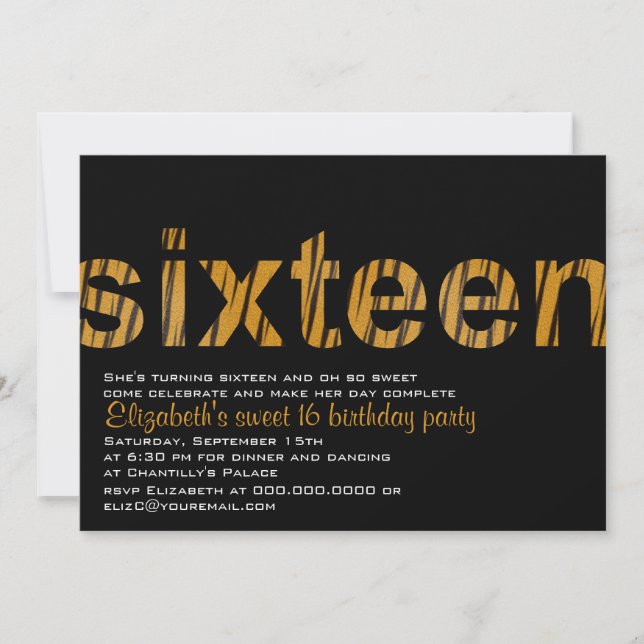 Tiger Print Typografie Design Sweet 16 Einladung (Vorderseite)