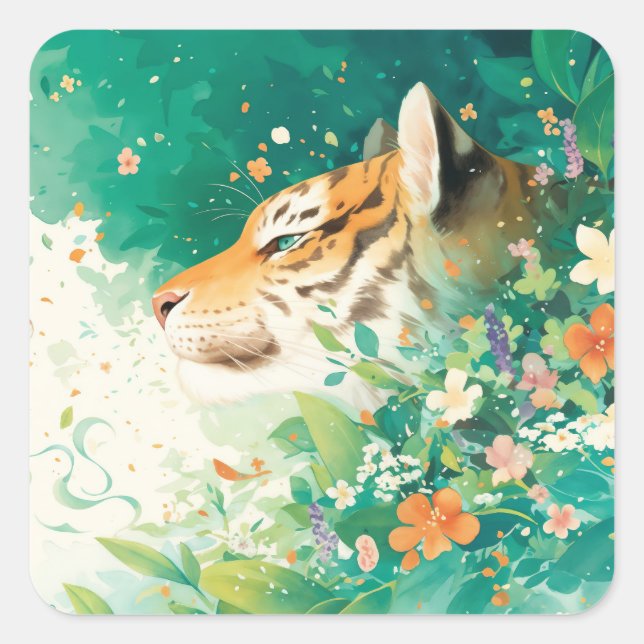 Tiger-Profil schaut durch botanischen Garten Quadratischer Aufkleber (Vorderseite)