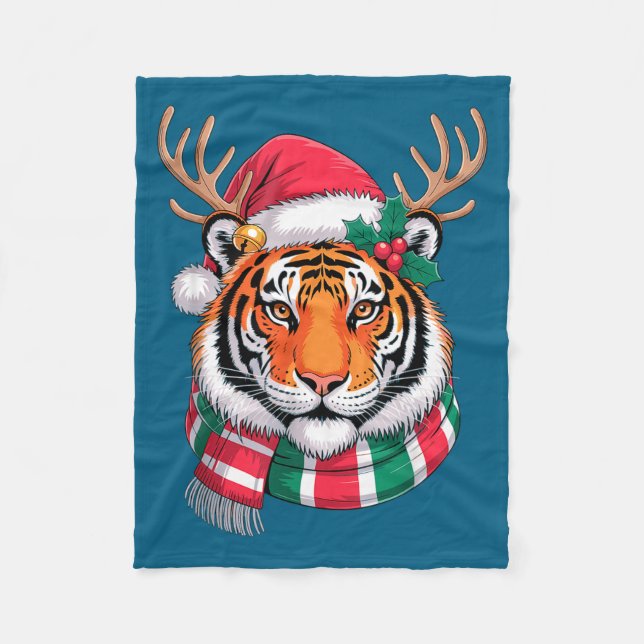 Tiger Reindeer Christmas Santa Hat Tiger Xmas  Fleecedecke (Vorderseite)