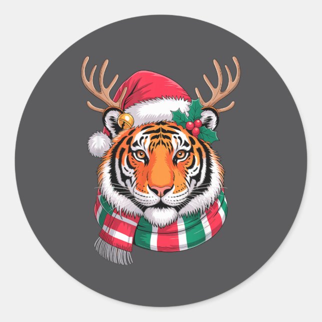 Tiger Reindeer Christmas Santa Hat Tiger Xmas  Runder Aufkleber (Vorderseite)