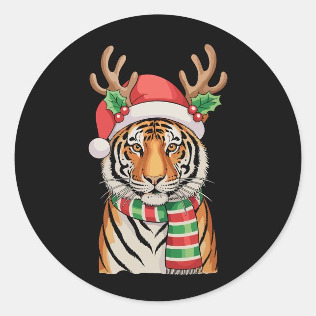 Tiger Reindeer Weihnachtsmannmütze Weihnachten Wei Runder Aufkleber (Vorderseite)