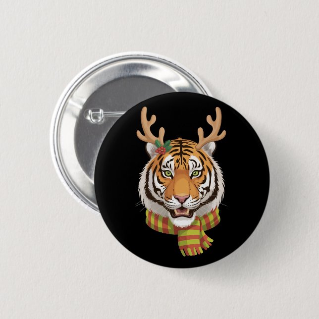 Tiger-Rentier-Weihnachts-Tier Mit Geweih Xmas  Button (Vorne & Hinten)