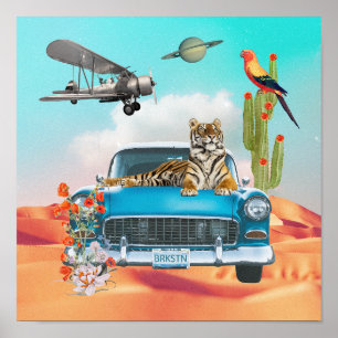 Tiger Retro Auto Wüstenkaktus Surrealer Collage Le Poster