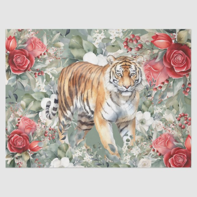 Tiger, Rote Rosen und Eukalyptus-Dekoupage Seidenpapier (Vorderseite)