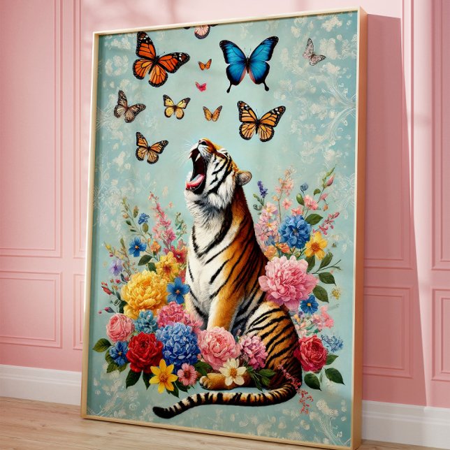 Tiger & Schmetterlinge Florale Whimsical Wandkunst Poster (Von Creator hochgeladen)