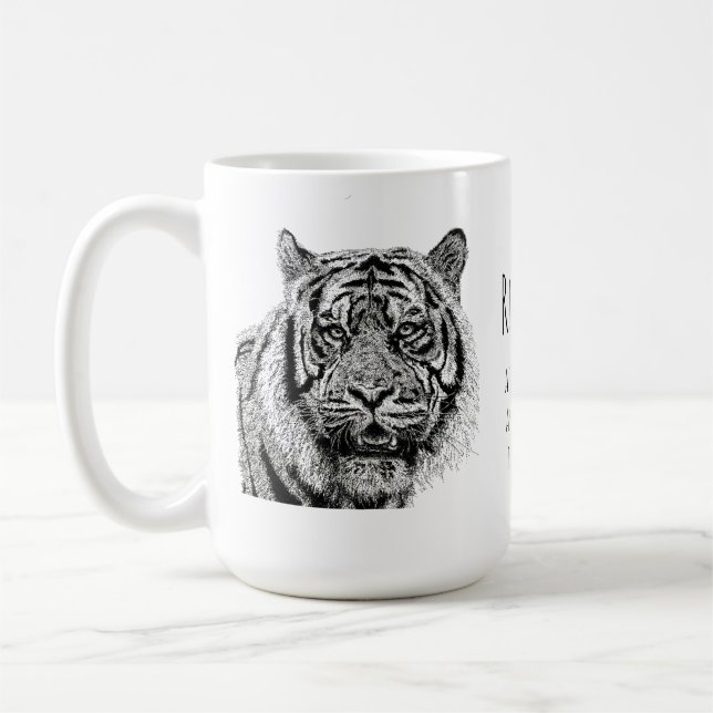 Tiger Schwarz-Weiß-Monogramm-Spruch Kaffeetasse (Links)