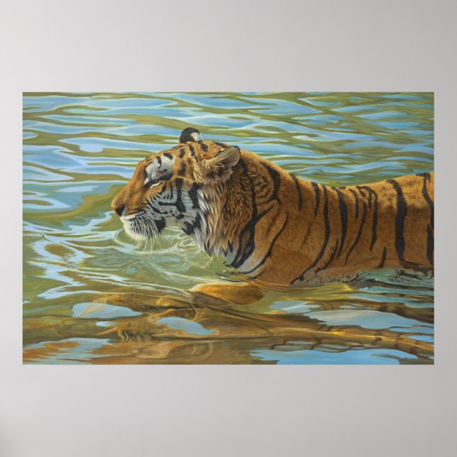 Tiger Schwimmen Big Cat Acrylmalerei Poster (Vorne)