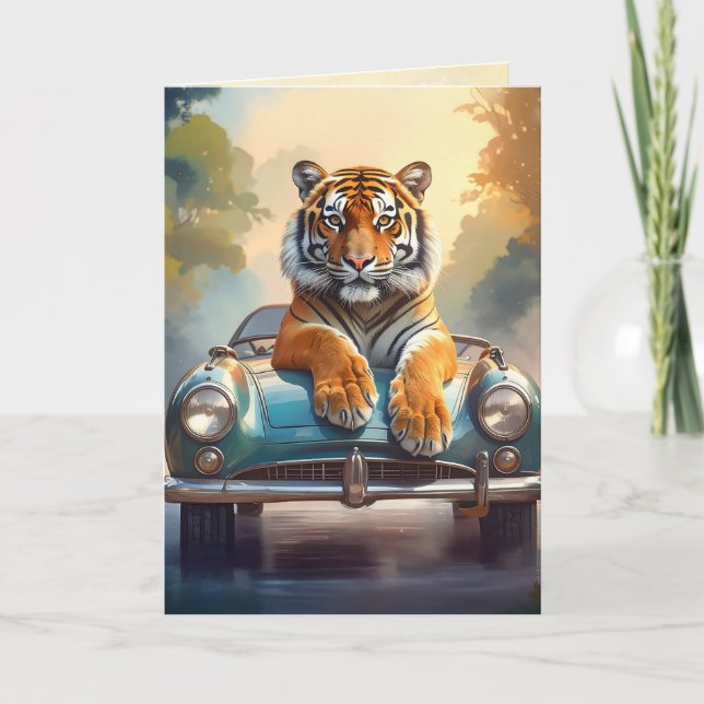 Tiger sitting on a sports car  dankeskarte (Vorderseite)