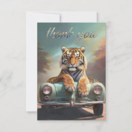 Tiger sitting on a sports car dankeskarte
