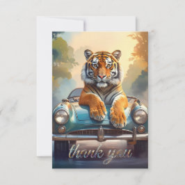 Tiger sitting on a sports car dankeskarte