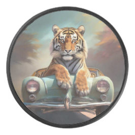 Tiger sitting on a sports car eishockey puck