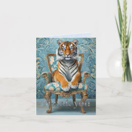 Tiger sitting on a vintage chair dankeskarte