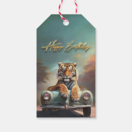 Tiger sitzend auf einem Sportwagen Glückwunsch Geb Geschenkanhänger