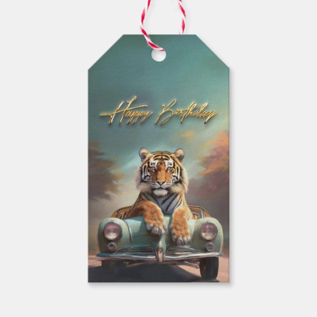 Tiger sitzend auf einem Sportwagen Glückwunsch Geb Geschenkanhänger (Vorderseite)