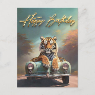Tiger sitzend auf einem Sportwagen Glückwunsch Geb Postkarte
