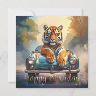 Tiger sitzt auf einem Sportwagen Alles Gute zum Ge