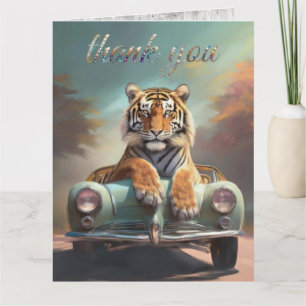 Tiger sitzt auf einem Sportwagen Dankeskarte