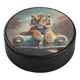 Tiger sitzt auf einem Sportwagen Eishockey Puck
