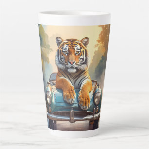 Tiger sitzt auf einem Sportwagen Milchtasse