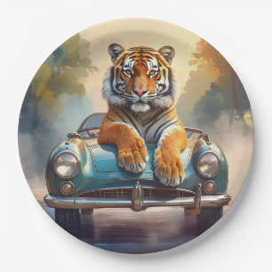 Tiger sitzt auf einem Sportwagen Pappteller
